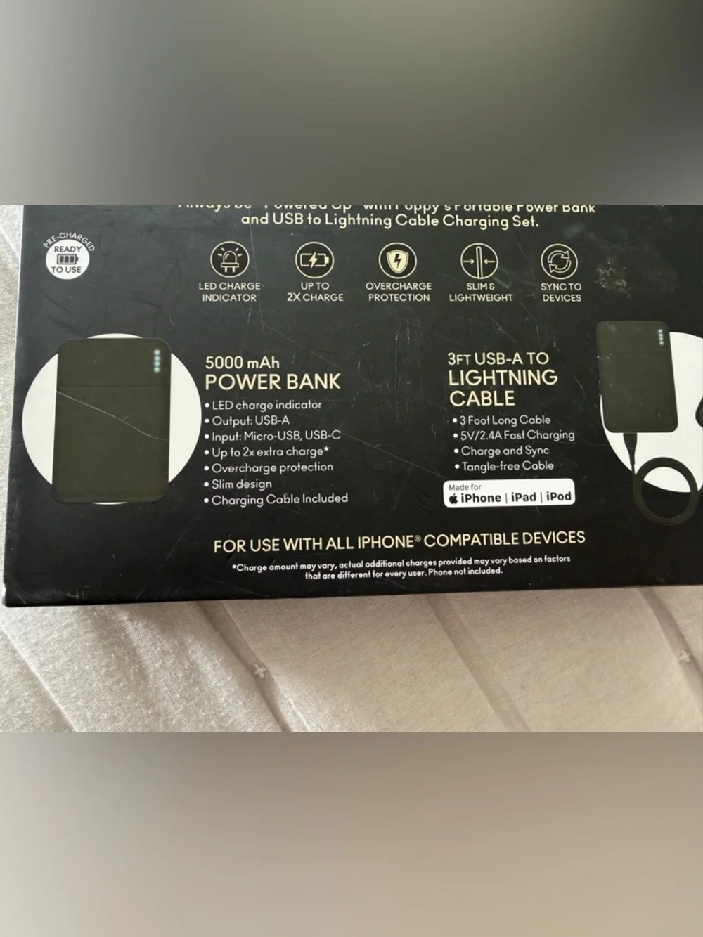 Poppy Power Trip 5000 Black Power Bank + Lightning Cable USB-A Lightening Cable